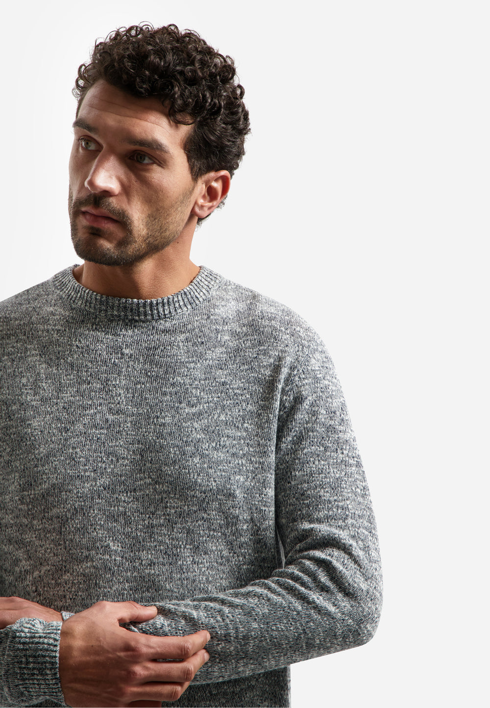 No Excess Melange Crewneck Sweater with Linen in Night | Buster McGee