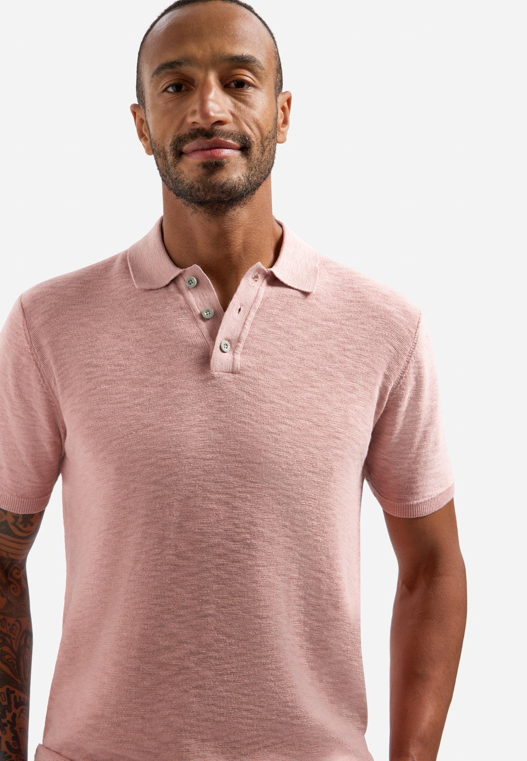 No Excess Knitted Slub Polo with Buttons in Light Mauve | Buster McGee