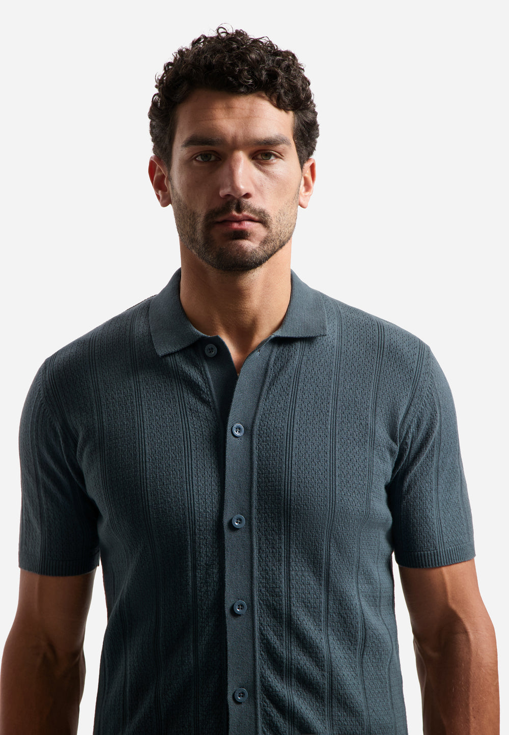 No Excess Knitted Polo Shirt with Button Closure in Dark Steel