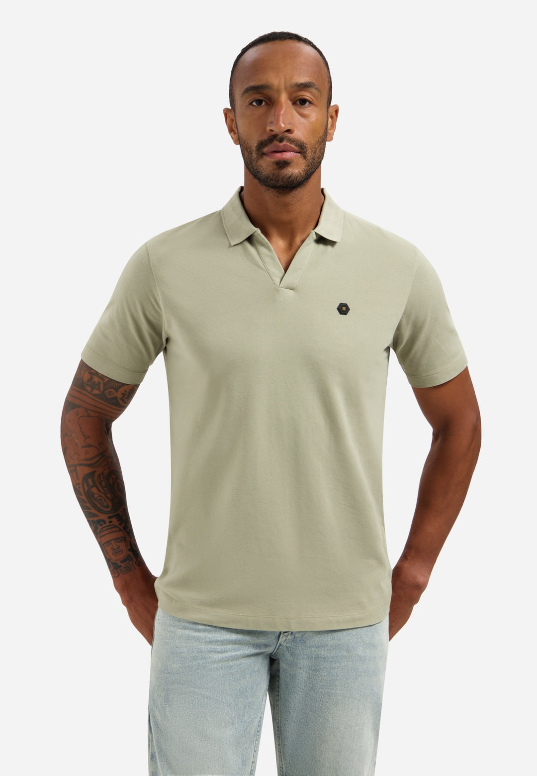 No Excess Basic V Neck Polo Shirt in Taupe | Buster McGee