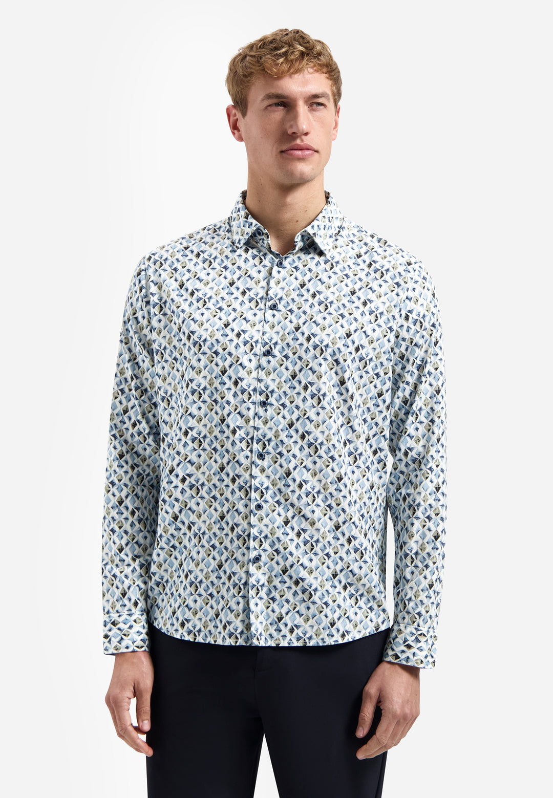 No Excess Allover Diamond Print Longsleeve Shirt Blue | Buster McGee