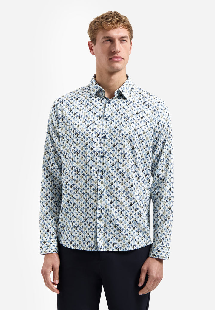 No Excess Allover Diamond Print Longsleeve Shirt Blue | Buster McGee