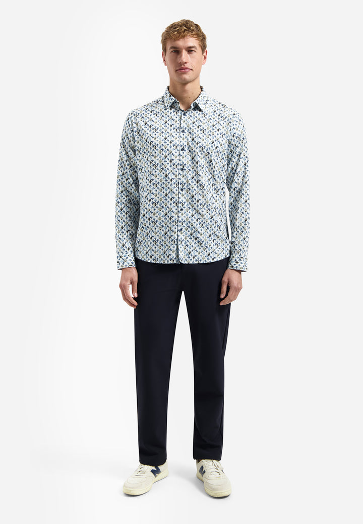 No Excess Allover Diamond Print Longsleeve Shirt Blue | Buster McGee