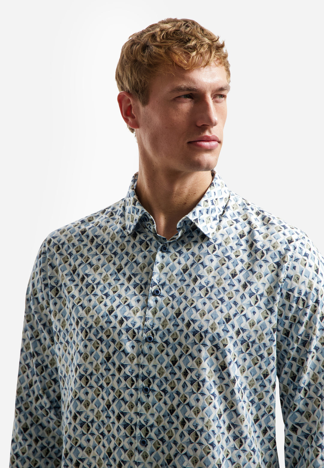 No Excess Allover Diamond Print Longsleeve Shirt in Blue