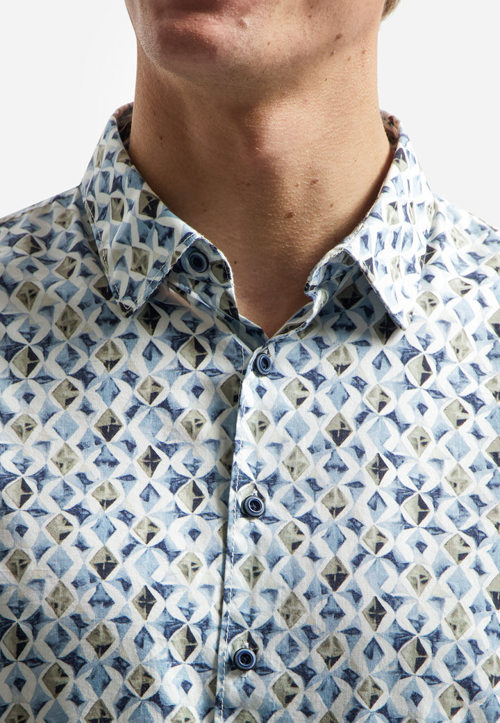 No Excess Allover Diamond Print Longsleeve Shirt in Blue