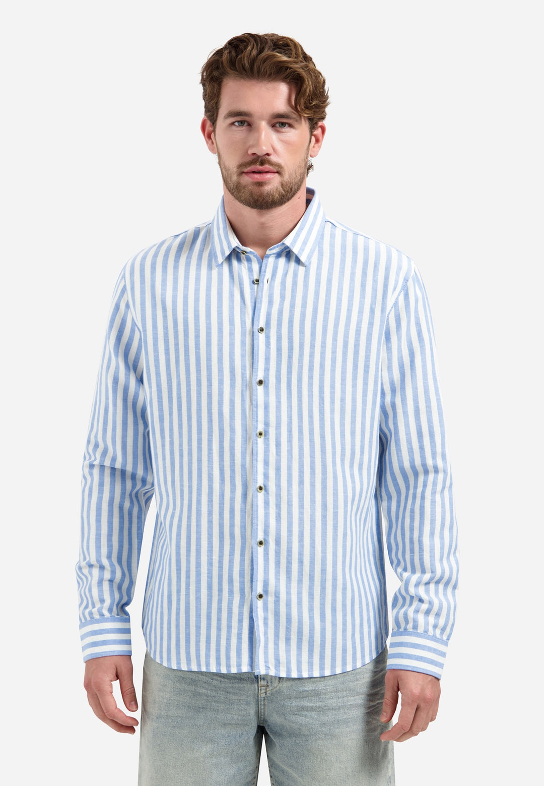 No Excess Linen-Blend Vertical Big Stripe Shirt in Blue | Buster McGee