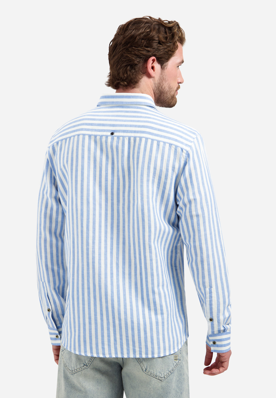 No Excess Linen-Blend Vertical Big Stripe Shirt in Blue