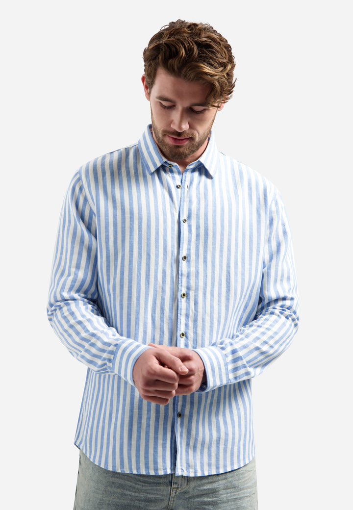 No Excess Linen-Blend Vertical Big Stripe Shirt in Blue | Buster McGee