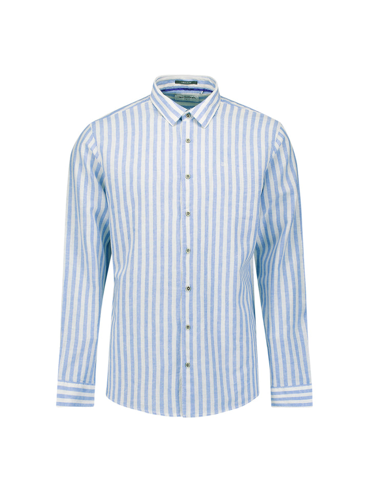 No Excess Linen-Blend Vertical Big Stripe Shirt in Blue | Buster McGee