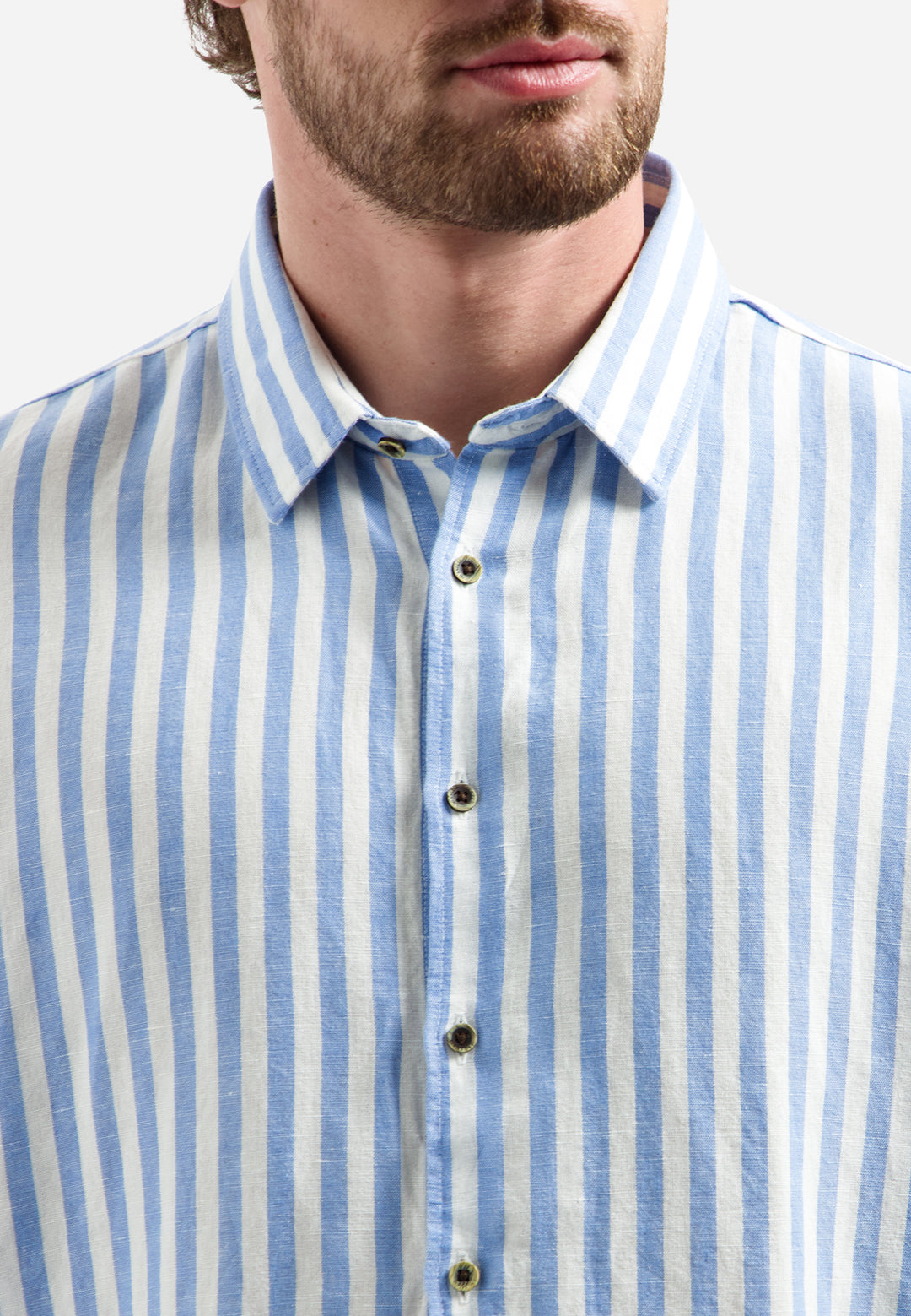 No Excess Linen-Blend Vertical Big Stripe Shirt in Blue | Buster McGee