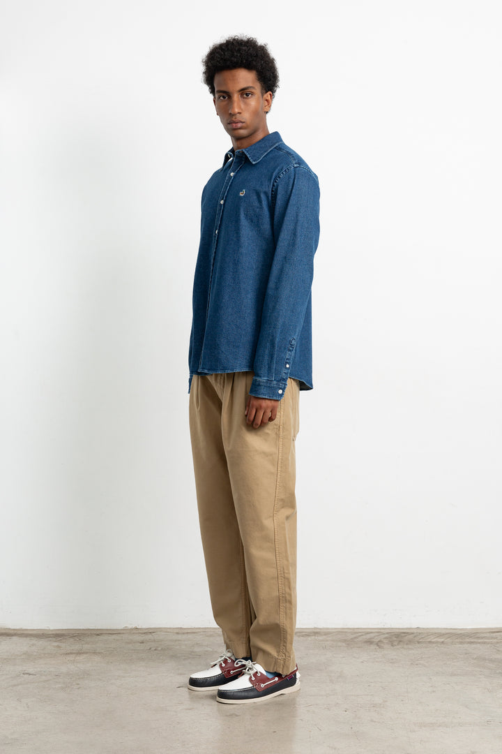 Edmmond Duck Denim Shirt in Plain Stone Wash