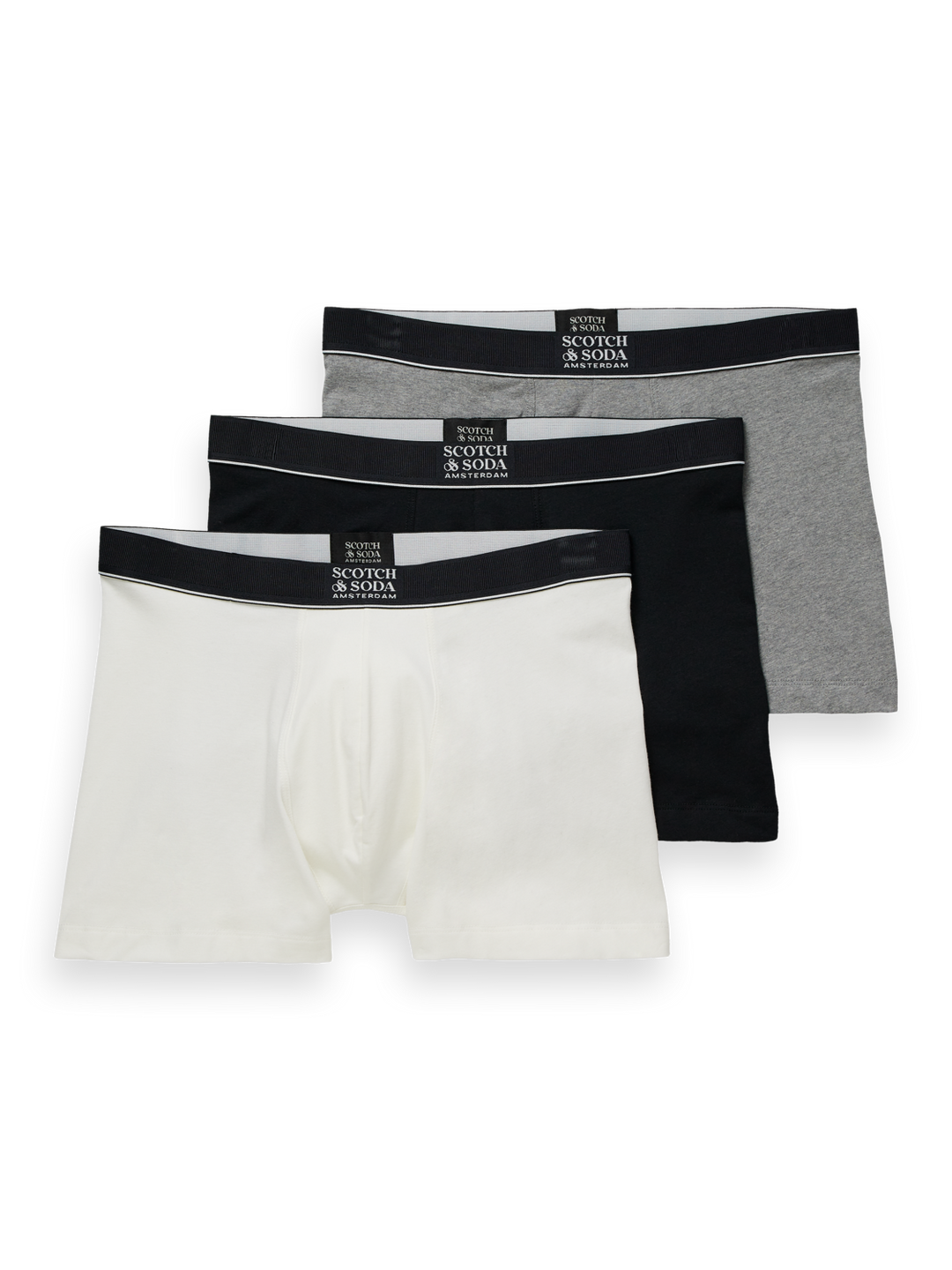 Scotch & Soda Stacked Logo Boxer Briefs 3 Pack in White Black and Grey