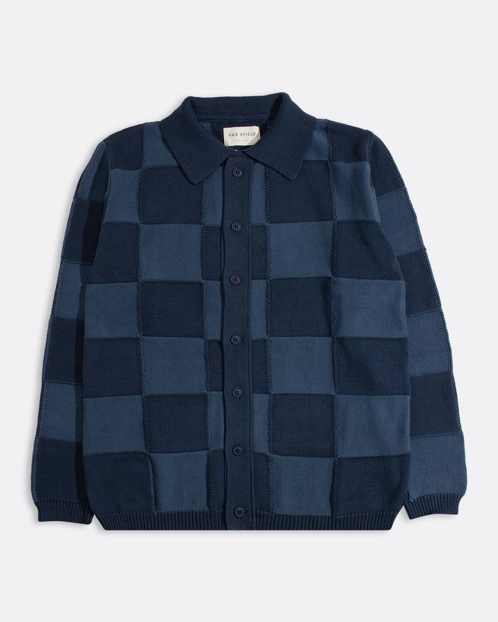 Far Afield Velzy Longsleeve Knitted Shirt in Blue Square Patchwork | Buster McGee