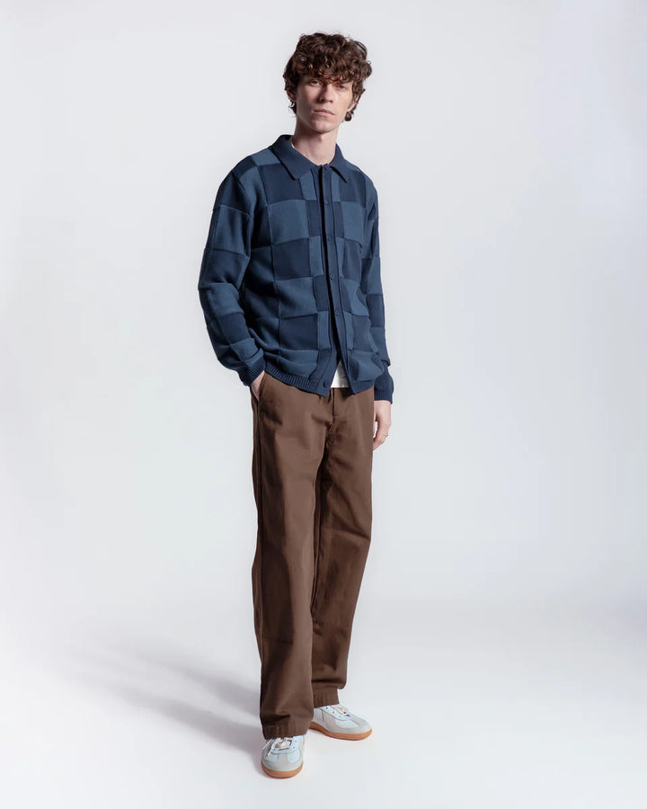 Far Afield Velzy Longsleeve Knitted Shirt in Blue Square Patchwork