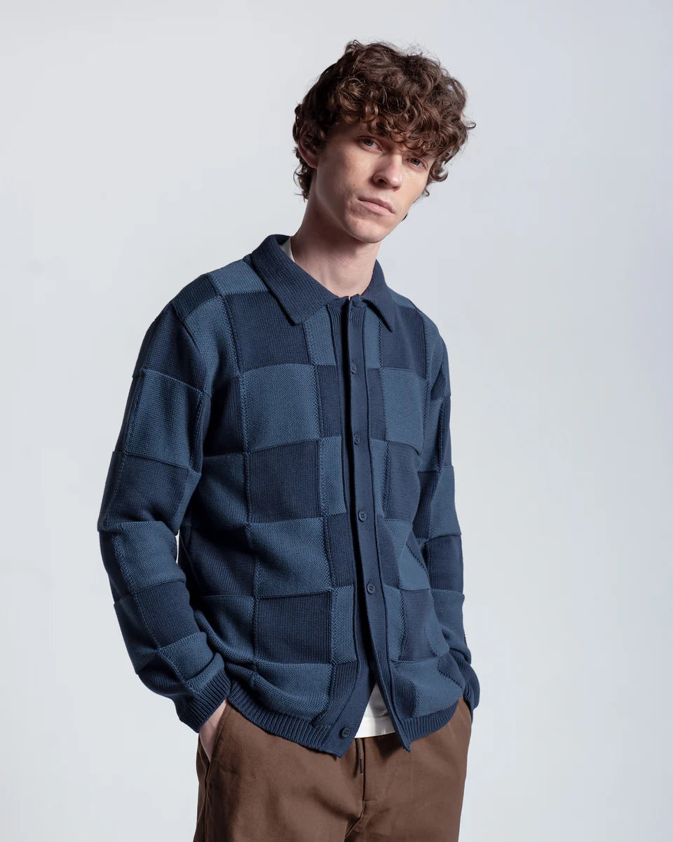 Far Afield Velzy Longsleeve Knitted Shirt in Blue Square Patchwork