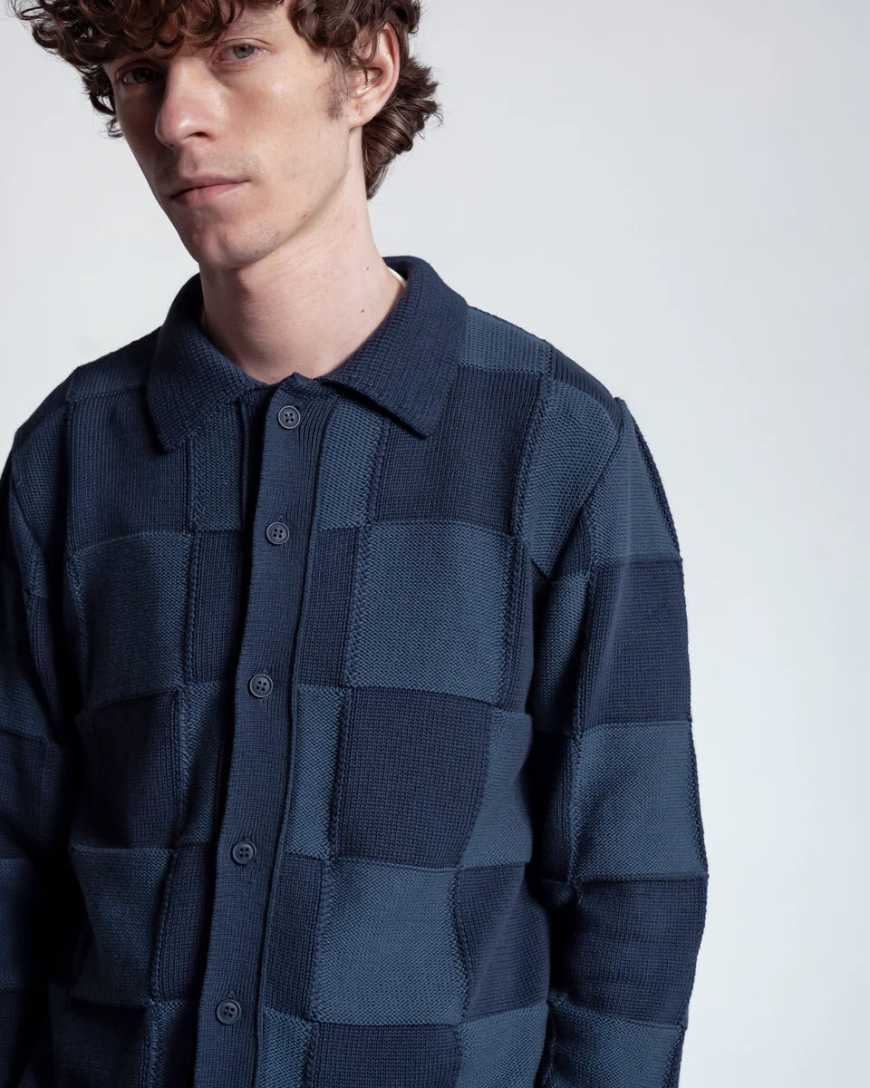 Far Afield Velzy Longsleeve Knitted Shirt in Blue Square Patchwork