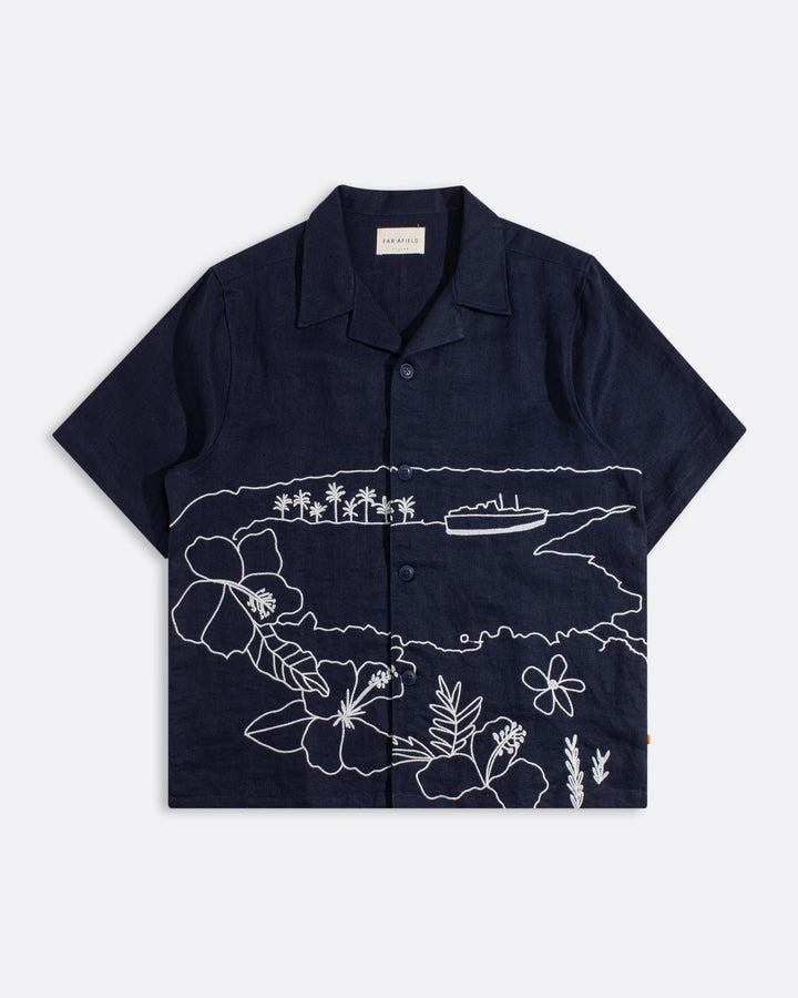 Far Afield Veloso SS Shirt Embroidered Landscape  in Navy