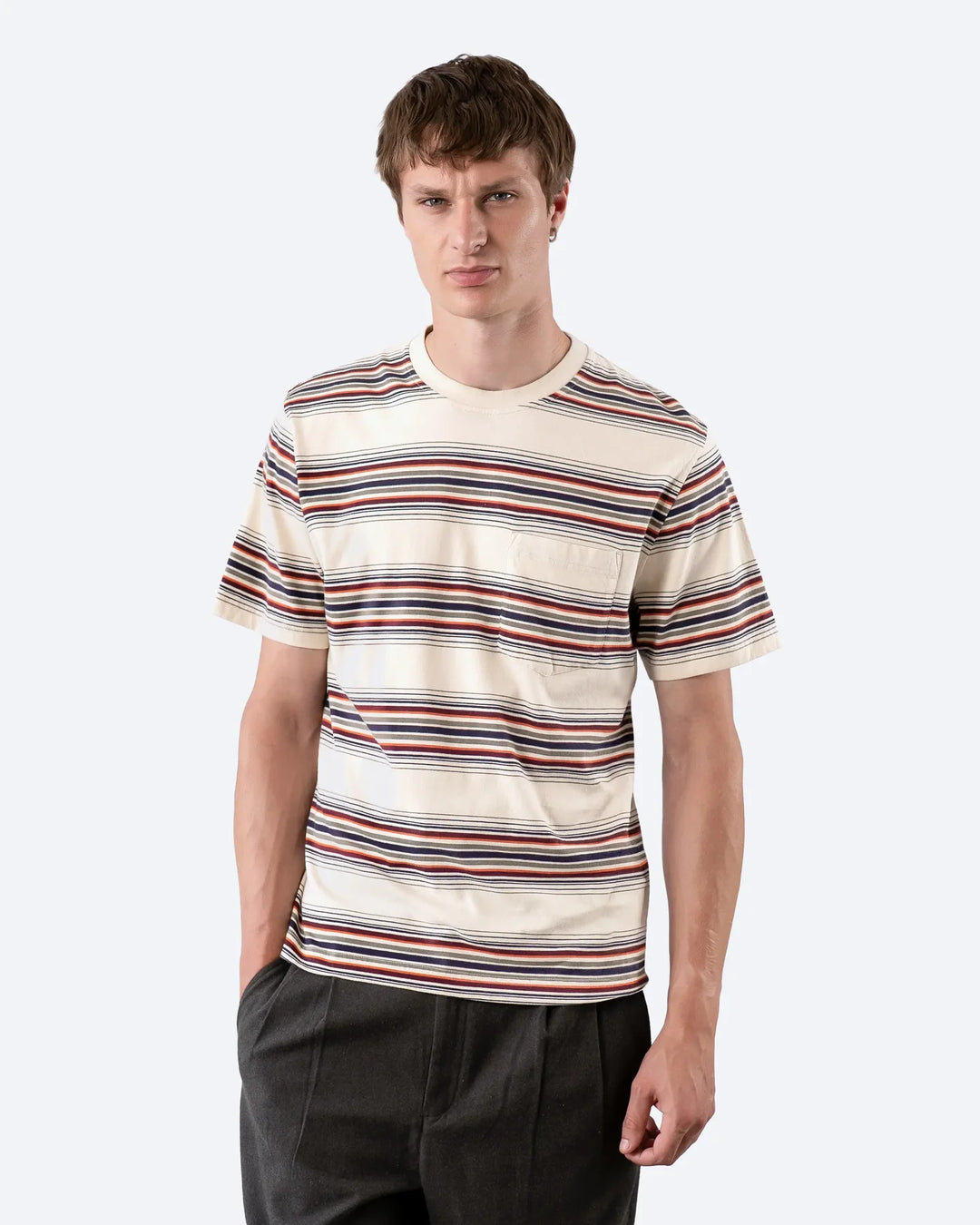 Far Afield Crewneck SS T-Shirt in Sand Multi Yarn Dyed Stripe | Buster McGee