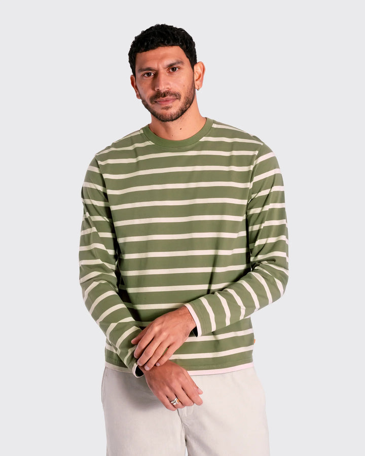 Far Afield Breton Stripe Longsleeve Tee in Green Sand | Buster McGee