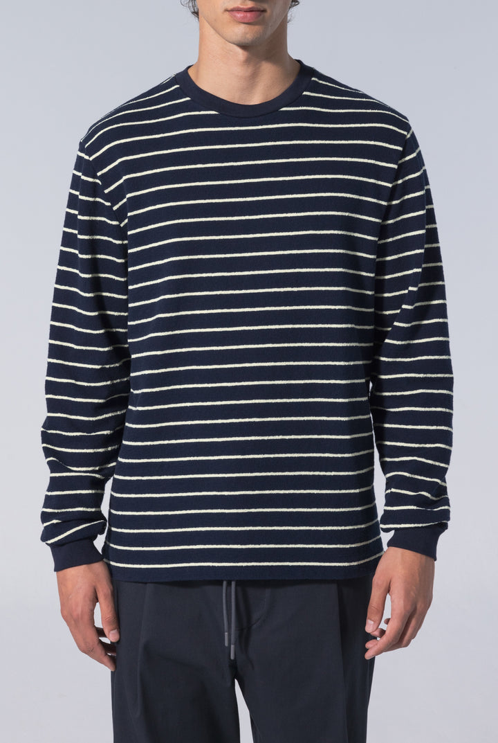 Unfeigned Basic Long Sleeve Terry Tee in Blue Graphite & Lemon Stripes
