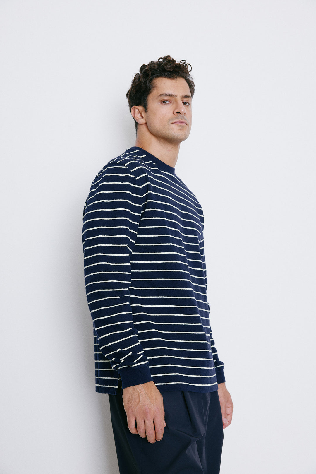 Unfeigned Basic Long Sleeve Terry Tee in Blue Graphite & Lemon Stripes