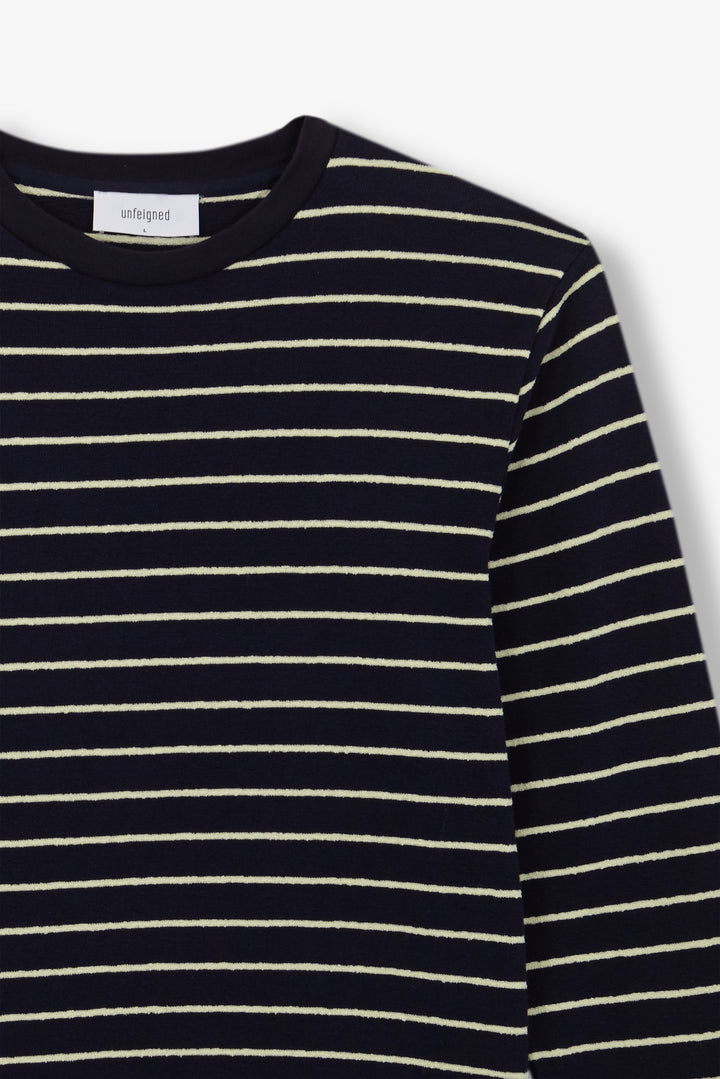 Unfeigned Basic Long Sleeve Terry Tee in Blue Graphite & Lemon Stripes