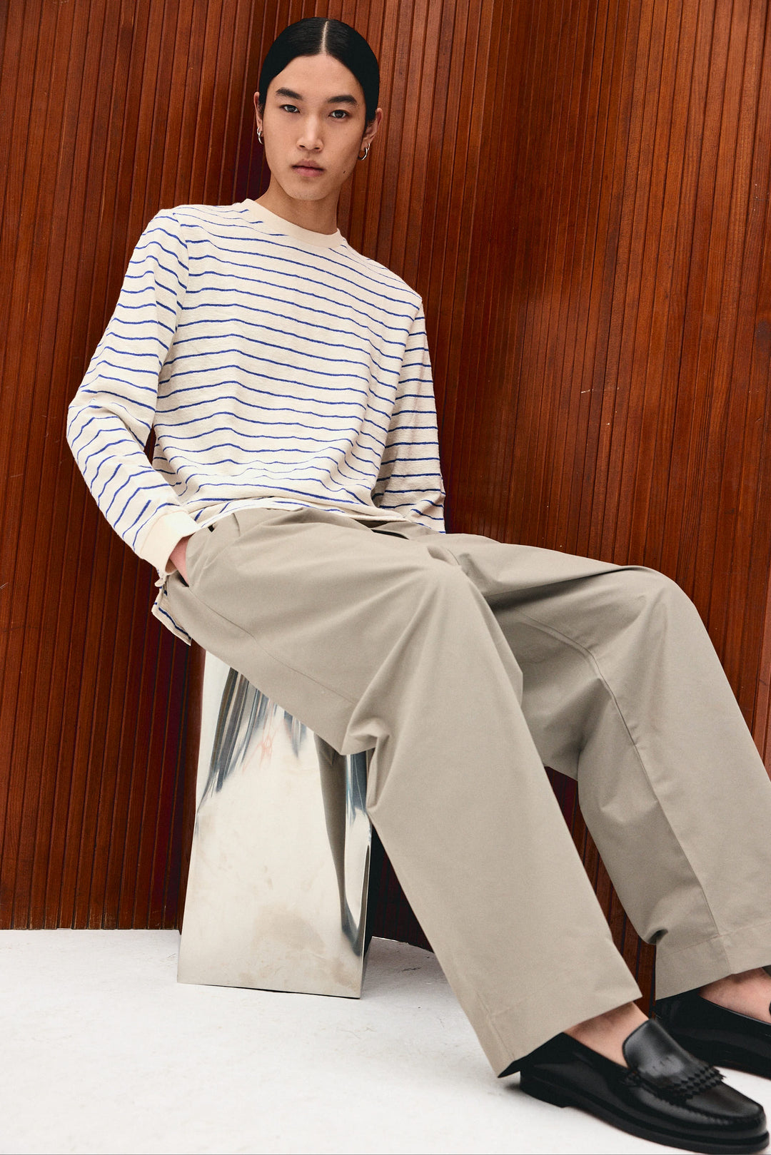 Unfeigned Basic Long Sleeve Terry Tee in Raw with Royal Stripes