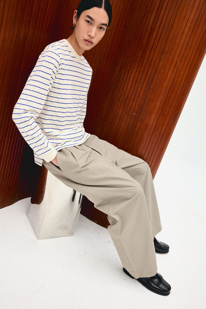 Unfeigned Basic Long Sleeve Terry Tee in Raw with Royal Stripes