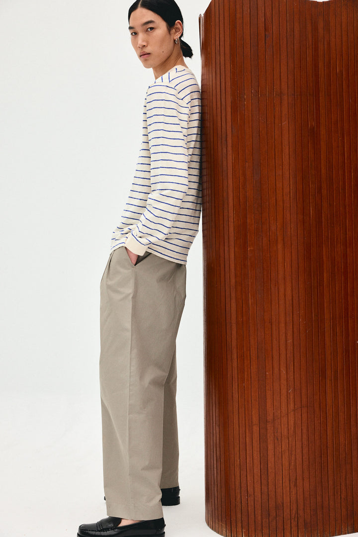 Unfeigned Basic Long Sleeve Terry Tee in Raw with Royal Stripes