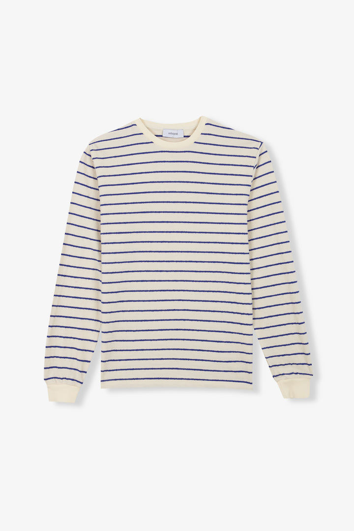 Unfeigned Basic Long Sleeve Terry Tee in Raw with Royal Stripes