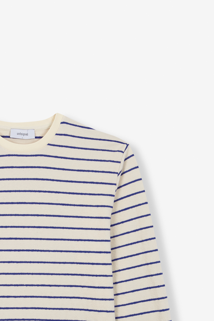 Unfeigned Basic Long Sleeve Terry Tee in Raw with Royal Stripes