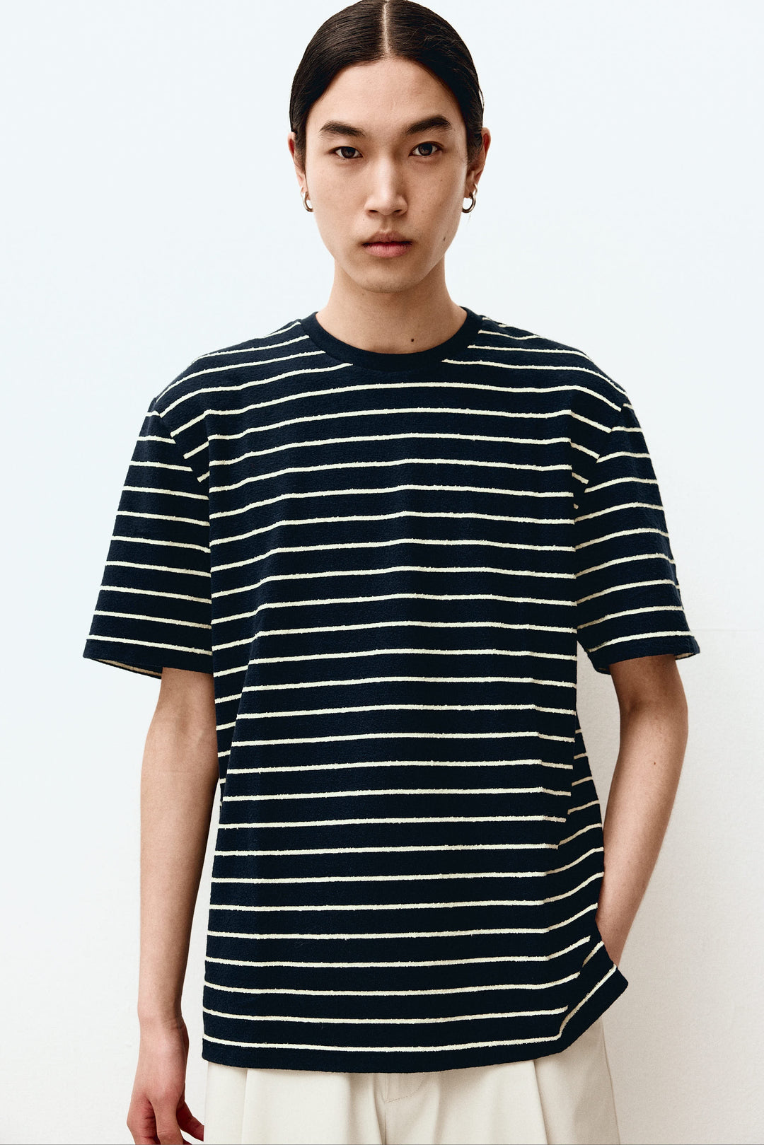 Unfeigned Short Sleeve Terry Tee in Blue Graphite with Lemon Stripes
