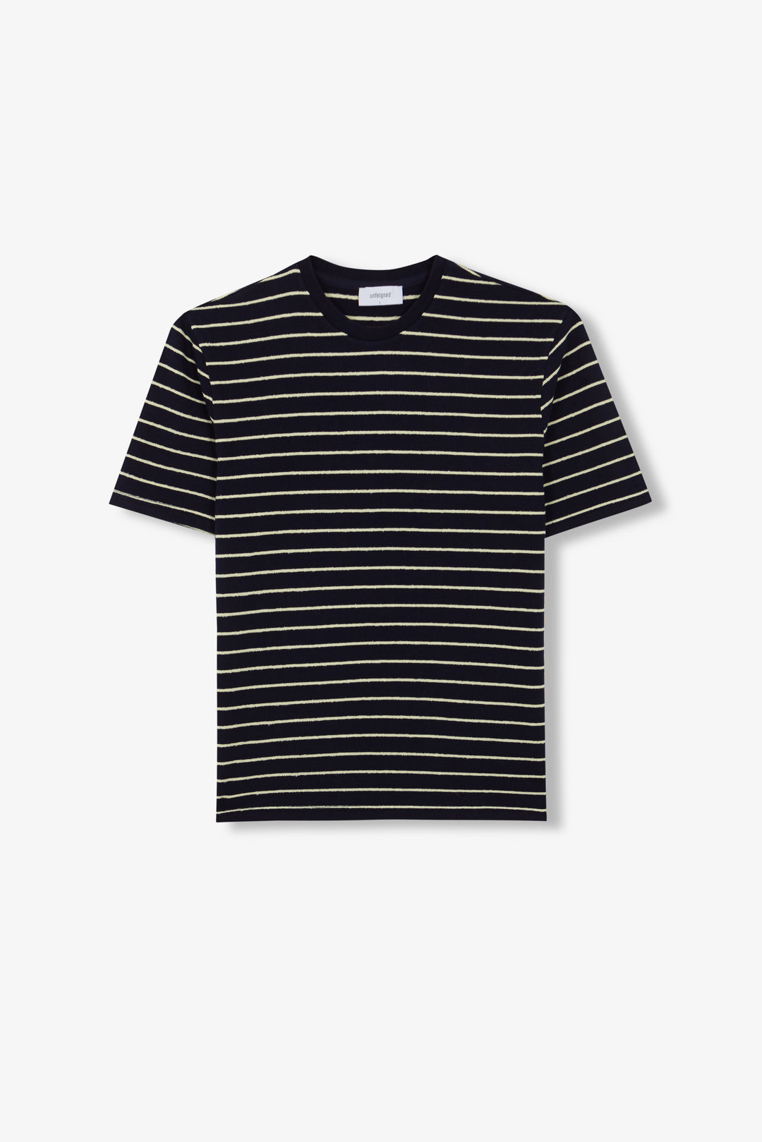 Unfeigned Short Sleeve Terry Tee in Blue Graphite with Lemon Stripes