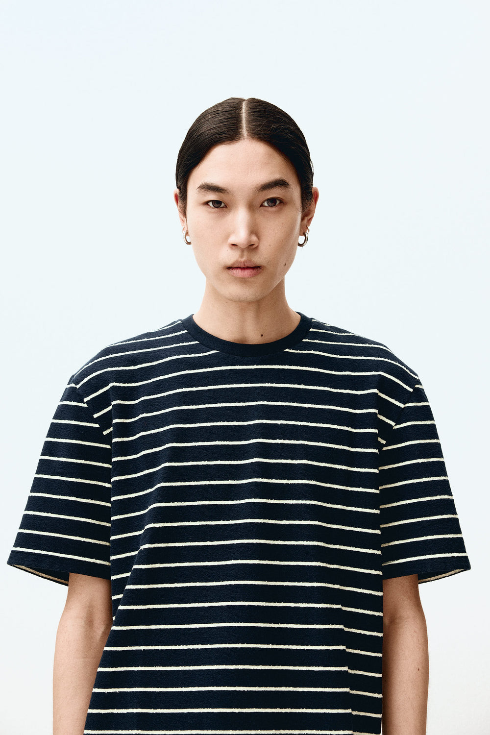 Unfeigned Short Sleeve Terry Tee in Blue Graphite with Lemon Stripes