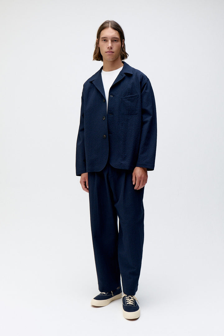 Unfeigned City Blazer in Dark Navy Seersucker | Buster McGee