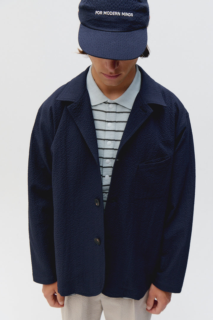 Unfeigned City Blazer in Dark Navy Seersucker | Buster McGee