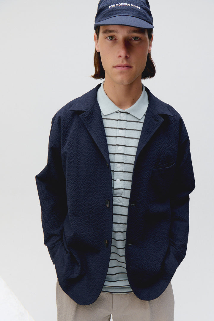 Unfeigned City Blazer in Dark Navy Seersucker | Buster McGee