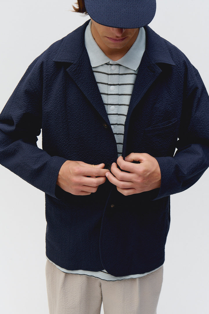 Unfeigned City Blazer in Dark Navy Seersucker | Buster McGee