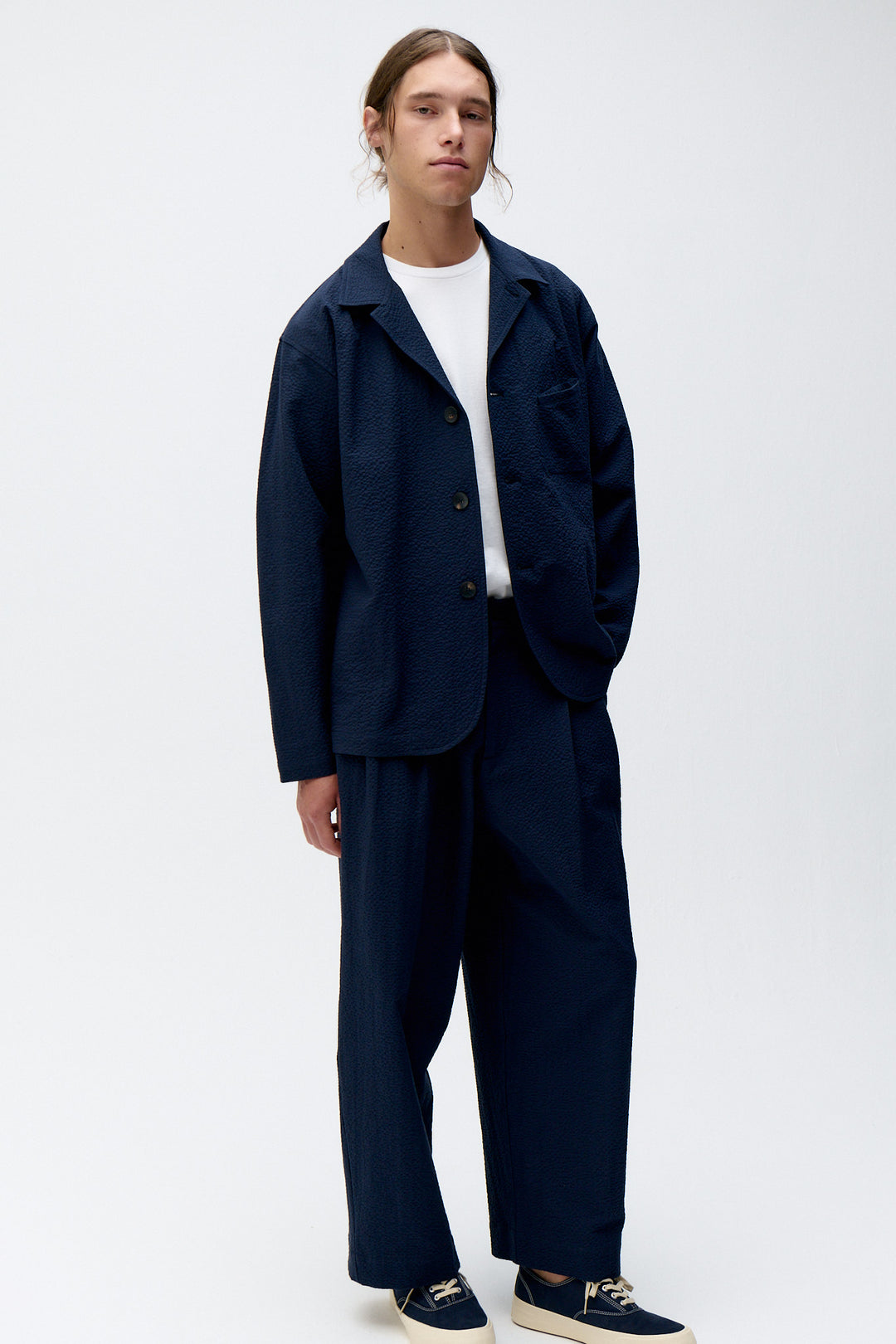 Unfeigned City Blazer in Dark Navy Seersucker | Buster McGee