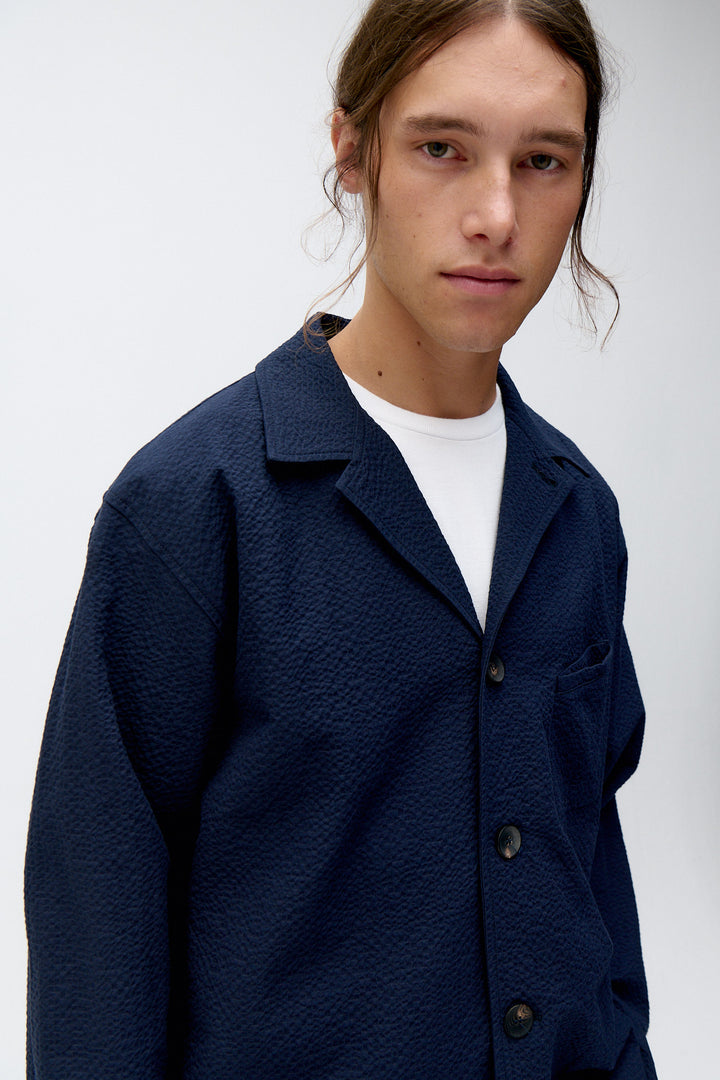 Unfeigned City Blazer in Dark Navy Seersucker | Buster McGee