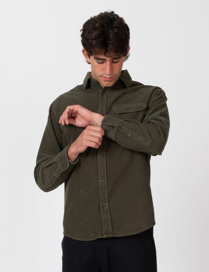 Mr Simple Sawyer Corduroy Long Sleeve Shirt Faded Army | Buster McGee