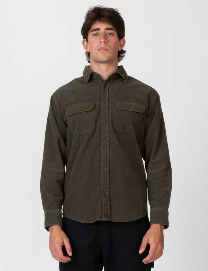 Mr Simple Sawyer Corduroy Long Sleeve Shirt Faded Army | Buster McGee