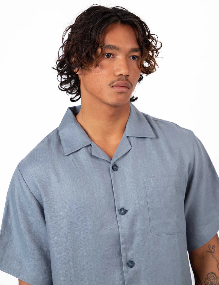 Mr Simple Cuban Linen Short Sleeve Shirt in Slate Blue | Buster McGee