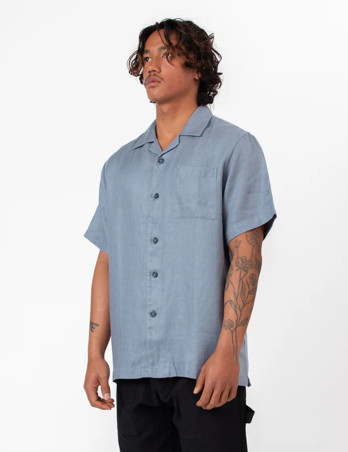 Mr Simple Cuban Linen Short Sleeve Shirt in Slate Blue | Buster McGee