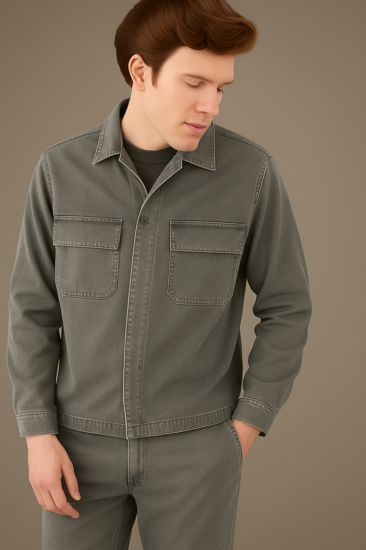 Crossley FOLSEN Overshirt with Pockets in Raisin Stone Wash