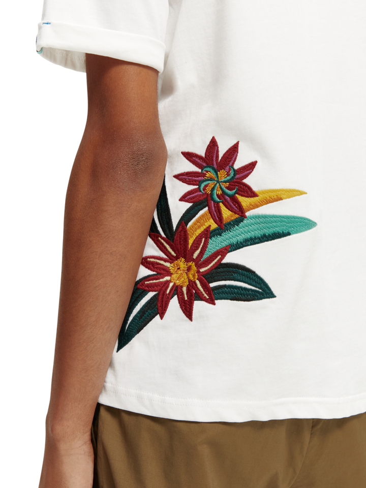 Organic Cotton Floral Embroidered Tee in White | Buster McGee