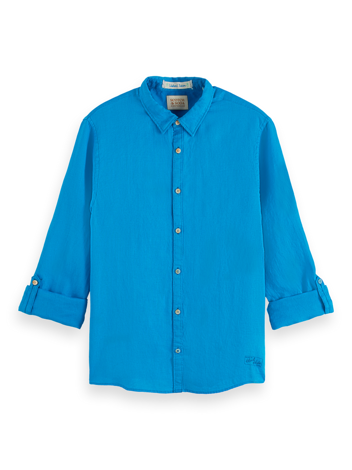 Linen Shirt with Sleeve Rollup in Iris Blue | Buster McGee Daylesford