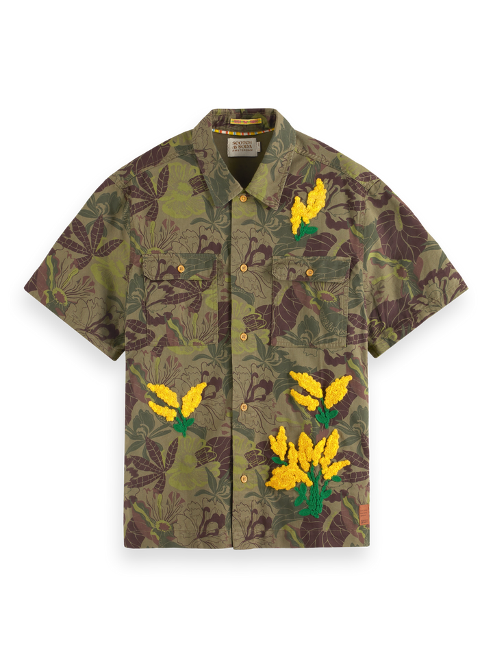 Printed Twill Shirt with Camo Floral Embroidery | Buster McGee