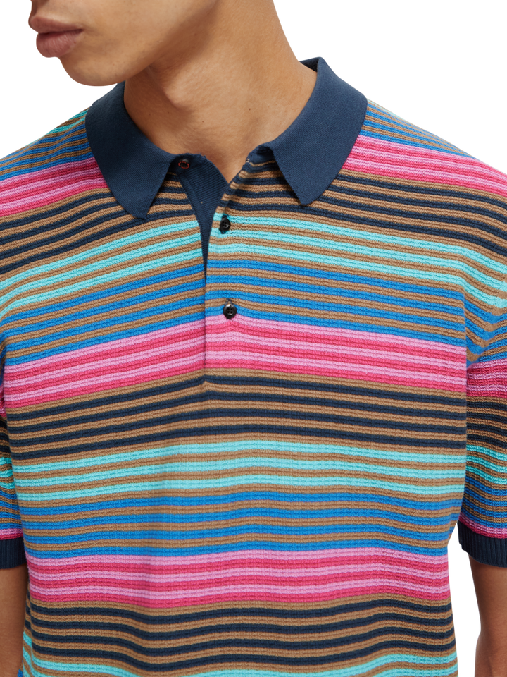Knitted Striped Polo in Steel Topaz Blue Stripe | Buster McGee