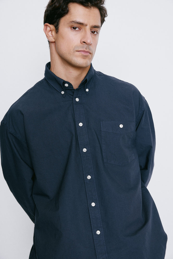 Unfeigned Long Sleeve Washed Oxford Shirt in Navy Blue | Buster McGee